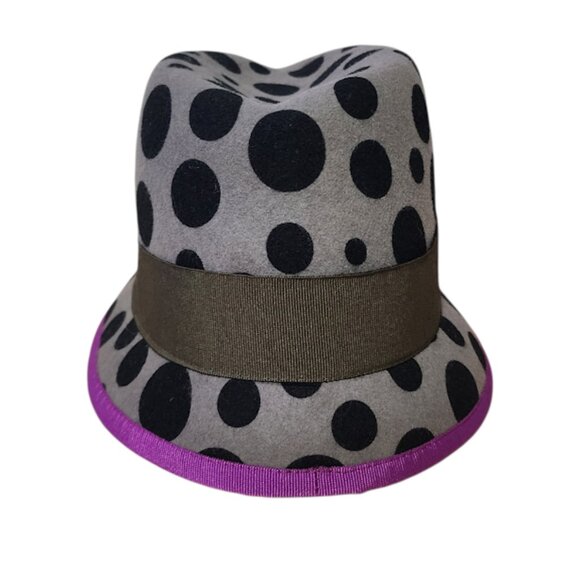 ELLEN PAULSSEN 100% wool Germany polkadot fedora hat grey purple - Picture 2 of 8